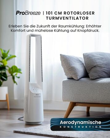 Вентилятор без лопатей Pro Breeze 101 см з пультом, LED дисплеєм, 6 швидкостями, 5 режимами, автоколиванням 60° та таймером 7 годин - білий