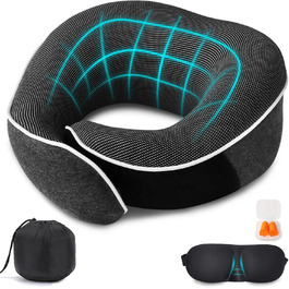 Подушка для шиї Milado для подорожей у літаку, з піною з пам'яті, комплект з масками для очей (темно-сірий)