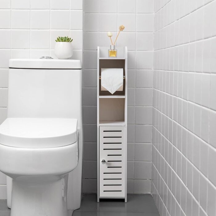 PVC Toilet Paper Holder with Brush - 2-in-1 Bathroom Cabinet - White, 76cm Tall with Roller