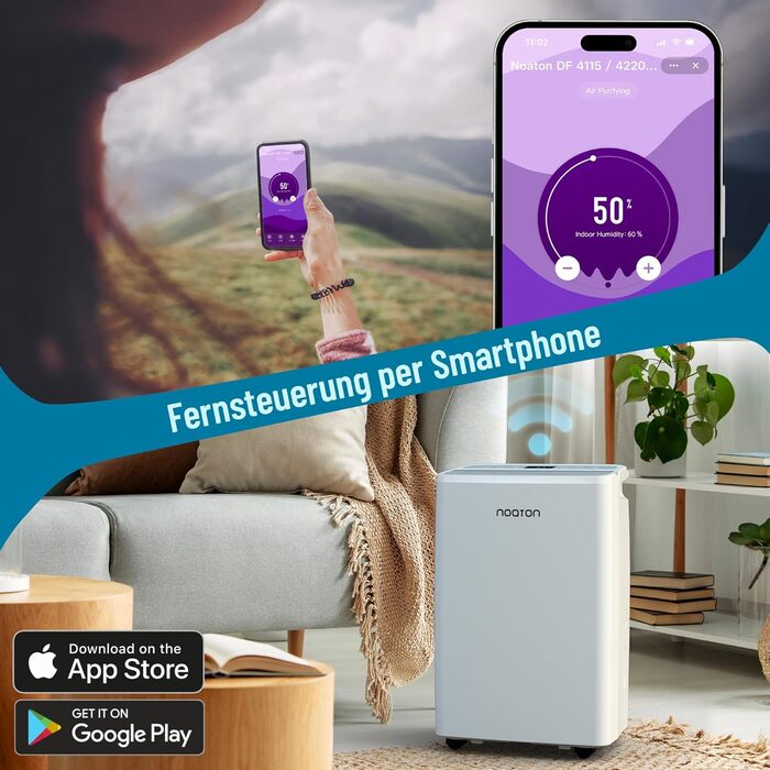 Noaton® DF 4115 WiFi: Зволожувач та очищувач повітря HEPA, 15л/24г, 5 режимів, тихий, з таймером, Wi-Fi, 3 роки гарантії, для приміщень до 50 м²