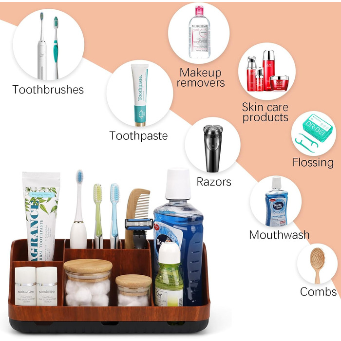 Тримач для зубних щіток у ванну кімнату: органайзер для електричних щіток та пасти, 7 відділень, червоне дерево