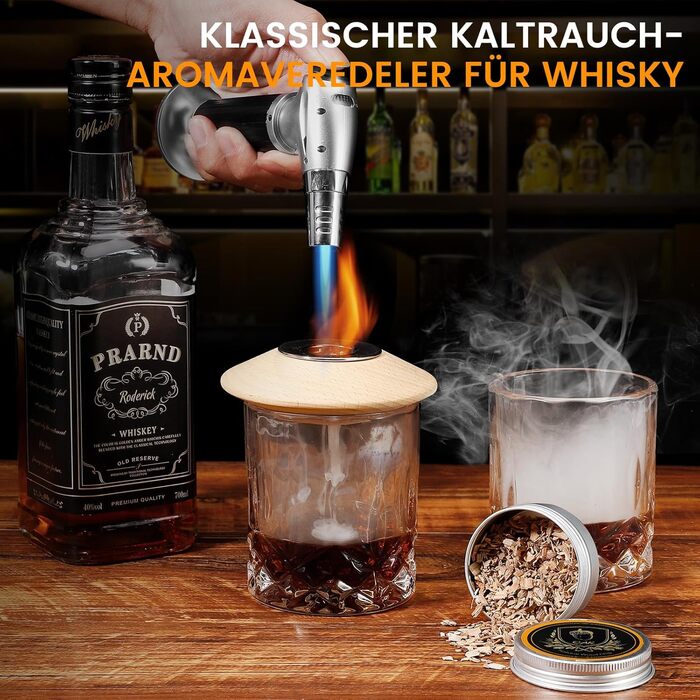 Набір для копчення коктейлів віскі з пальником, 6 смаків дерев'яної стружки, 2 склянки, 2 форми для кубиків льоду, набір для приготування бурбон Old Fashioned, подарунок для чоловіків, батьків, коханих (без пальника Butan)