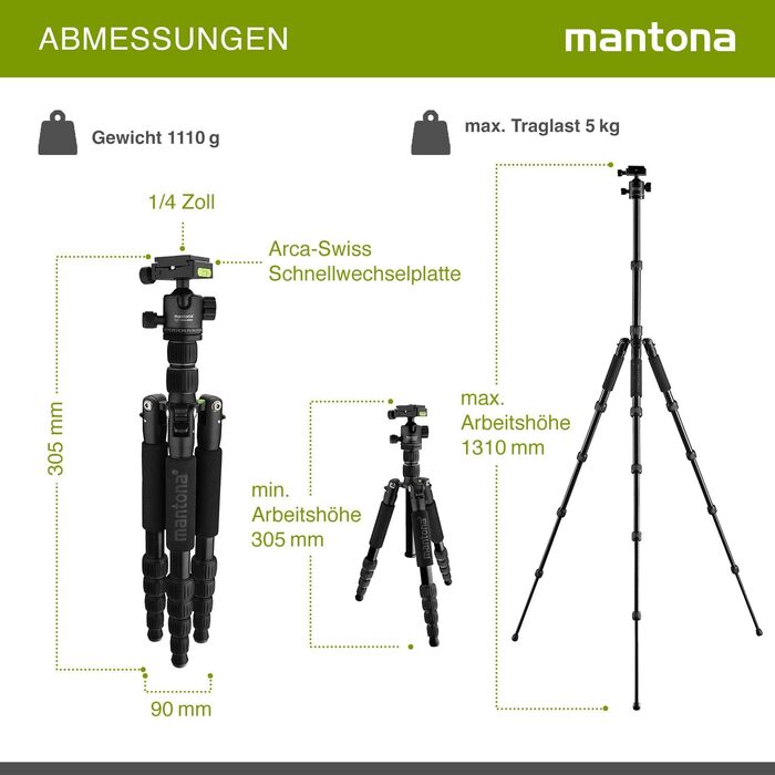 Штатив Mantona Light Traveller 131,5 см чорний: легкий фотоштатив з кульковою головкою та Arca-Swiss, до 5 кг, алюміній