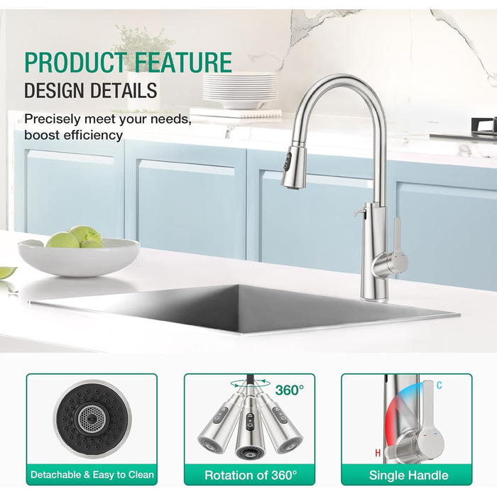 Кран кухонний CREA Wasserfall висувний з дозатором мила, нержавіюча сталь, 360° обертання, 4 режими, з душем