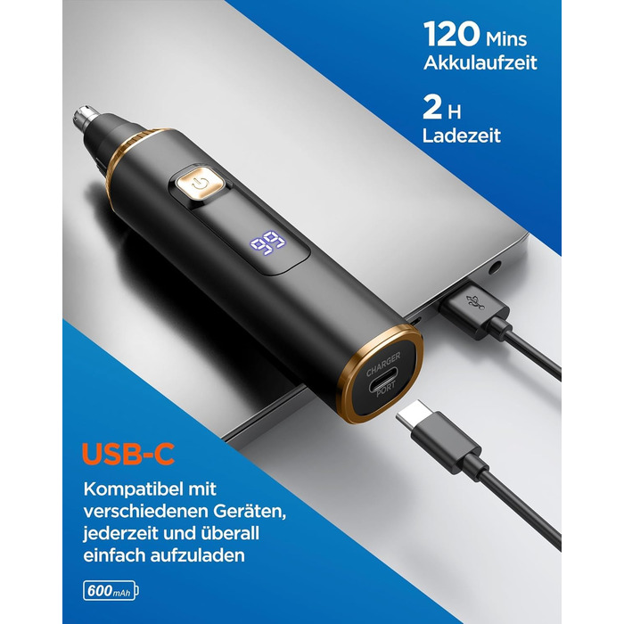 Триммер для носа, вух та брів Herren 3-в-1 з LED-дисплеєм, USB-C, IPX7 (Золотий)