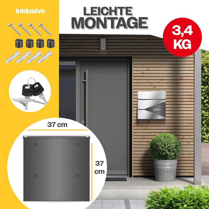 Поштовий ящик KESSER з газетницею, нержавіюча сталь, сріблясто-антрацитовий, з 2 ключами, настінний, з м'яким закриттям кришки, з кріпленням