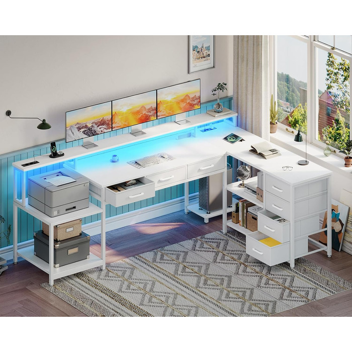 Комп'ютерний стіл Coleshome з 7 висувними ящиками та великим об'ємом зберігання, кутовий стіл з RGB LED підсвічуванням, L-подібний стіл з 2 розетками, ідеальний для офісу та геймінгу (білий, 199.5×145.5 см)