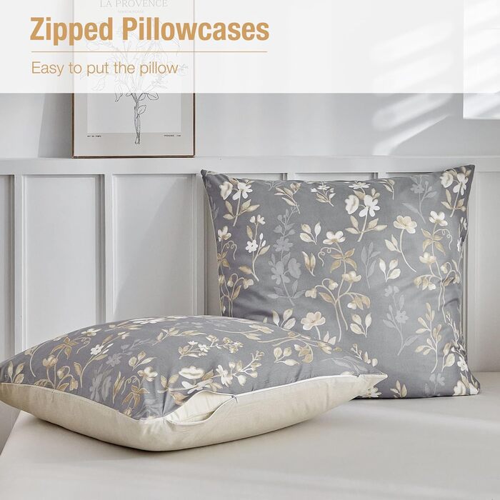 Комплект постільної білизни Tokokimo 220x240 3шт - комплект з 2 наволочками 80x80 см, з блискавкою, квітка, мікрофібра, для двоспального ліжка, сіро-коричневий