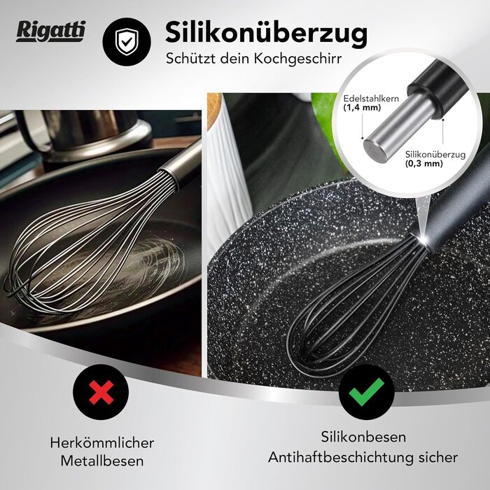 Набір міксерів Rigatti® з нержавіючої сталі та силікону (3 шт.) - чорний, термостійкий, без BPA, для тефлону, ергономічні, 28/26/23 см