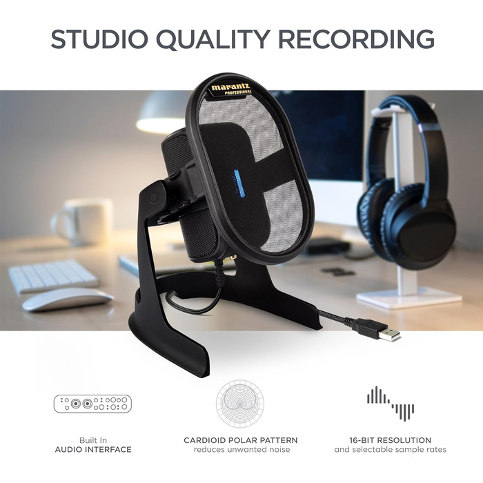 Мікрофон конденсаторний Marantz Professional MPM-1000U з великою мембраною, USB, з нирковою характеристикою для подкастів, студії, геймінгу, з кабелем USB та кліпсою для мікрофона