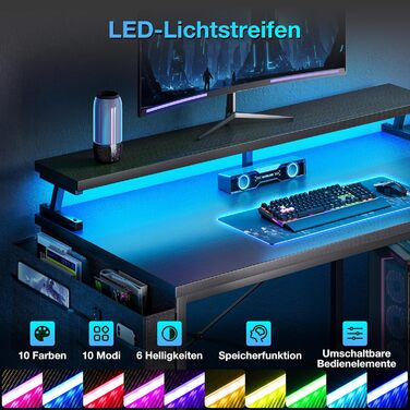 Ігровий стіл L-подібний Coleshome з LED-підсвічуванням та розетками, 120x80 см, з полицею, чорний, для офісу/робочого кабінету