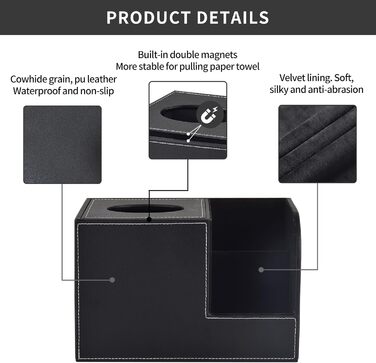 Організатор для серветок з шкіри, коробка для тканинних серветок, квадратна, з тримачем для пульта, чорний