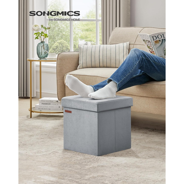 SONGMICS Storage Ottoman, Small Folding Bench, 38 x 38 cm Footstool, Storage Box, Holds up to 300 kg, for Living Room Bedroom Dorm, Dove Grey LSF227G02 38T x 38B x 38H cm Dove Grey