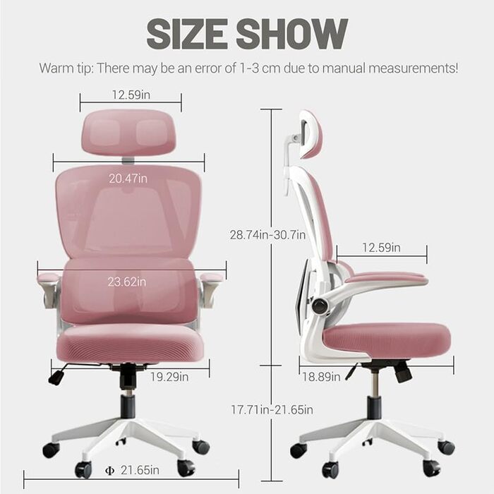 Ергономічне крісло для офісу - регульоване, з підлокітниками, підтримкою попереку та сіткою | Для дому, ігор, навчання (Рожеве, Середнє)