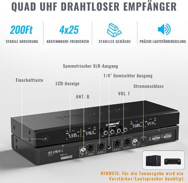 Набір бездротових мікрофонів Phenyx Pro PTU-5200: 4 динамічні мікрофони, UHF, 200ft, для співу, караоке, церкви, DJ