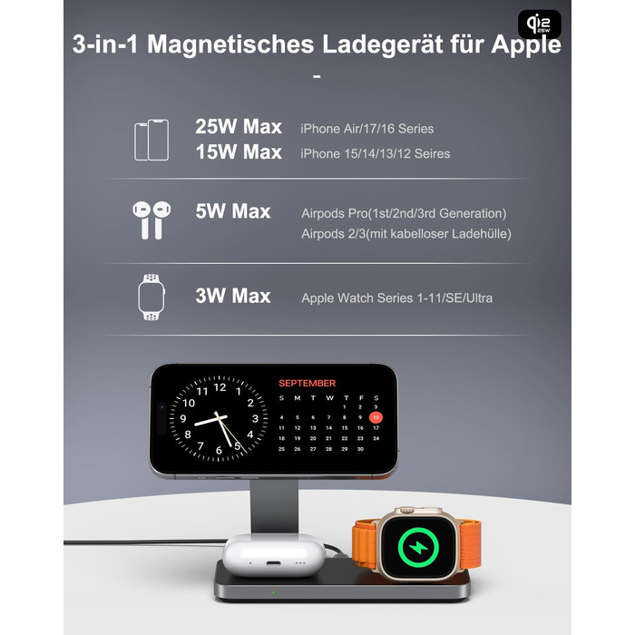 Бездротовий зарядний пристрій 25W MagSafe 3-в-1 для iPhone 17e/17/16/15/14/13/12/Air, Apple Watch та AirPods Pro - чорний