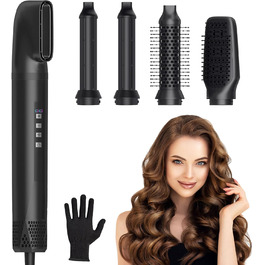 Набір для укладання Journeyside Airstyler: професійна щітка з гарячим повітрям 1000W, 5 насадок, автоматична завивка, випрямляч, для створення об'єму, локонів та випрямлення (чорний)