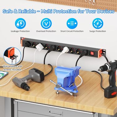 Мережевий фільтр 10 розеток з захистом від перенапруги, поворотний на 360°, для кріплення на стіну, кабель 1,8м, 16A/4000W, для офісу та дому, чорний
