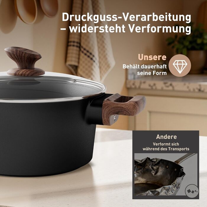 Набір кухонного посуду Kitchen Academy з антипригарним покриттям для індукції, 10 предметів: каструлі та сковороди з керамічним покриттям та скляними кришками