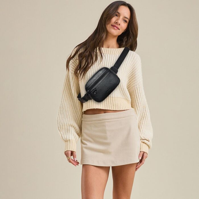 Чоловіча та жіноча поясна сумка, 2 л, веганська шкіра, коричнева, 8 дюймів, для подорожей, піших прогулянок, бігу. Модна бананка (чорна)