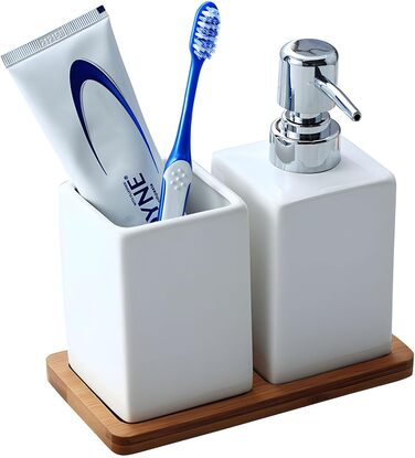 Bathroom Accessories, 3-in-1 Bathroom Set, Soap Dispenser, Ceramic Toothbrush Holder, and Bamboo Tray, Ceramic Material, White, for Bathroom, Sink, Bathtub, Reusable Shampoo