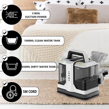 Мийний пилосос Vonia для килимів та м'яких меблів – потужний 450W, сила всмоктування 11 kPa, 2 насадки, шланг 1,2 м – ідеально для авто, диванів, килимів та м'яких меблів (білий)