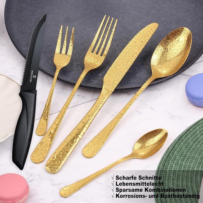 Набір столових приборів на 6 осіб, Targzier, 36 предметів, нержавіюча сталь, з ножем для стейку, високоякісний столовий прибор, ложки, виделки, ножі для сім'ї/вечірки/готелю, чорний, придатний для миття в посудомийній машині, 36 предметів, золотий прибор 