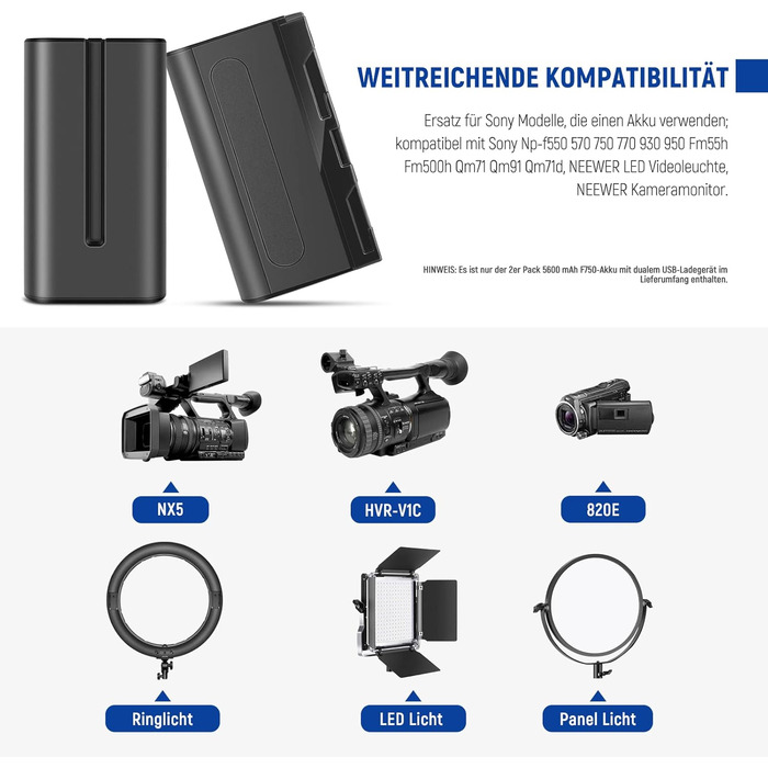 NEEWER NP-F750 5600mAh акумулятор з USB-зарядним пристроєм, сумісний з Sony NP-F550/750/970 та ін.