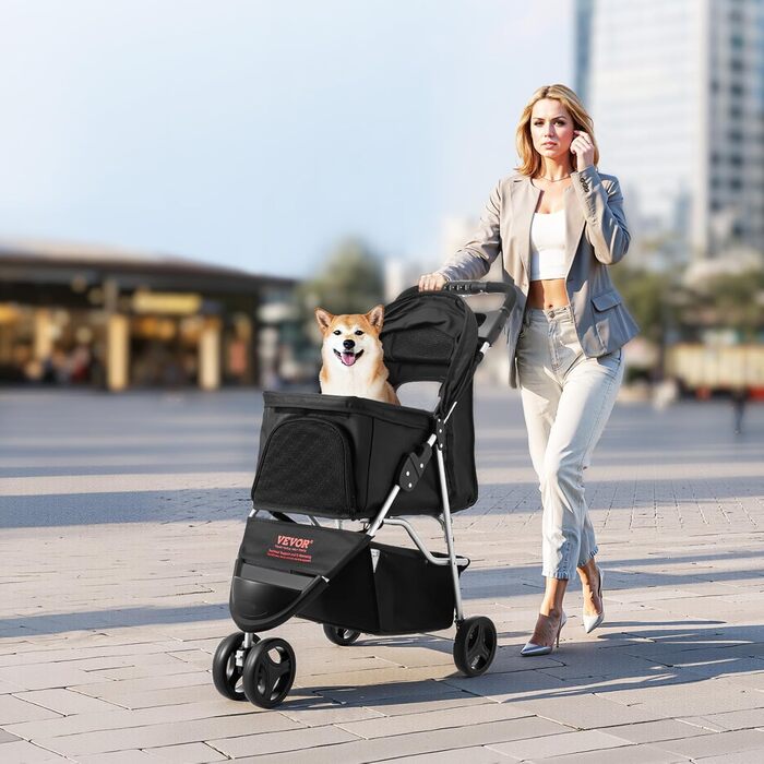 VEVOR 3-Wheel Pet Stroller - Dog & Cat Buggy, 16kg Capacity, Foldable with Cup Holders & Brakes