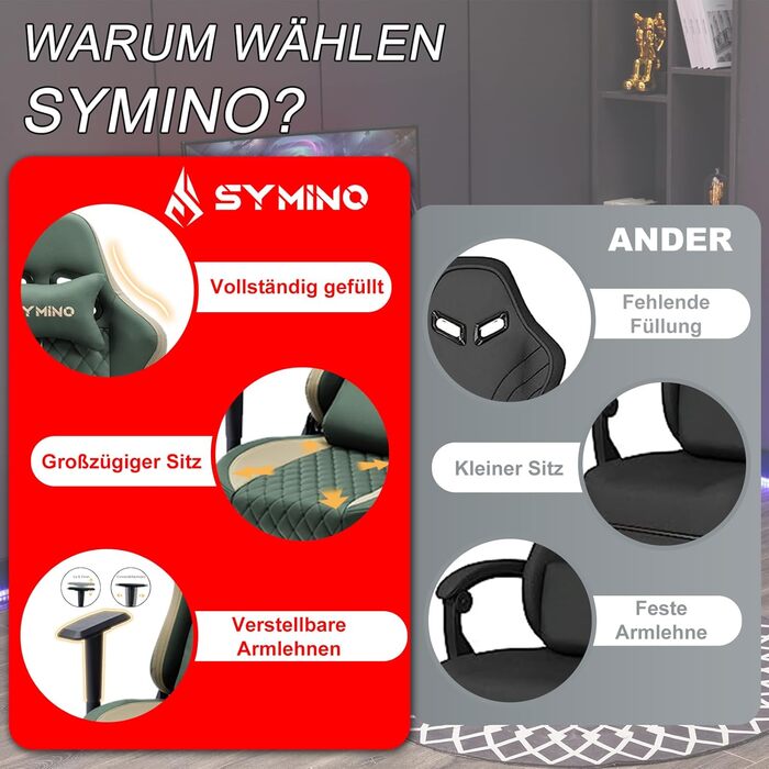 Ігровий крісло Symino Racing Style - ергономічне, 200 кг, регульовані підлокітники, PU шкіра, з підніжкою (зелений)