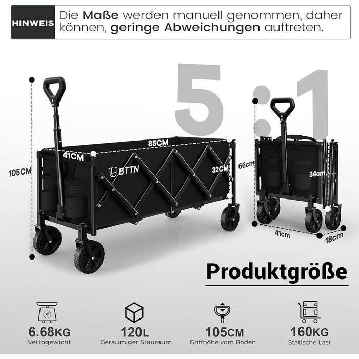 Складний візок-болерwagen BTTN 120л, вантажність 160кг (350lbs), чорний - для саду, кемпінгу, покупок та пікніків