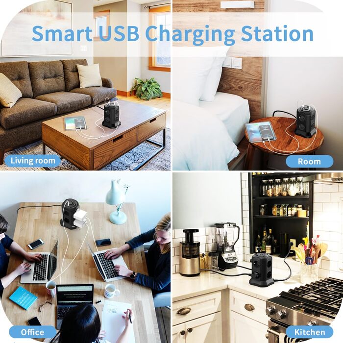 Многорозеткова смуга з USB, 8 розеток, з вимикачем, 4000W/16A, захист від перенапруги, 5м кабель, чорний колір