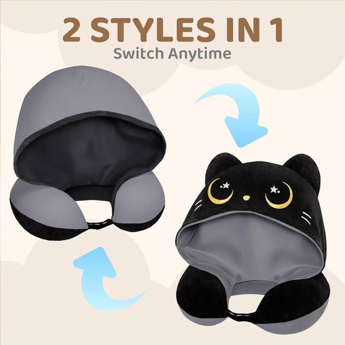Подушка для шиї Mewaii з капюшоном, двостороння, для дітей та дорослих, дизайн котика, захист приватності, м'яка піна з пам'яті сірої кольорової гами