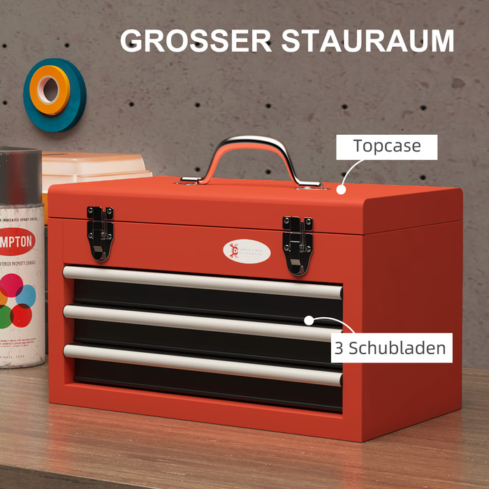 DURHAND Empty Tool Box, 45 x 24 x 27 cm Tool Box with 3 Drawers, Upper Storage Compartment, Handle, Tool Case with 2 Locks, Steel, Red | Aosom