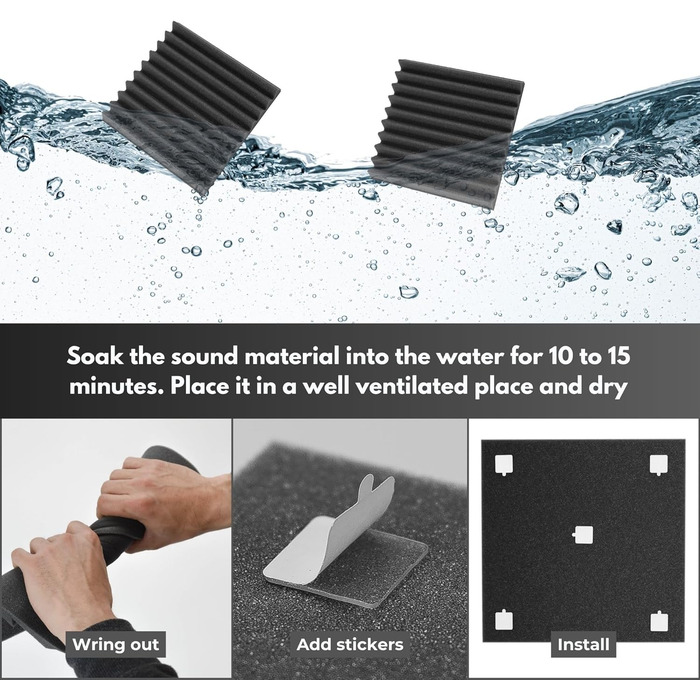 Акустичний поролон для звукоізоляції стін, 24 панелі 30x30x5 см, високої щільності, антрацитово-сірий, для студії звукозапису (з клеєм)
