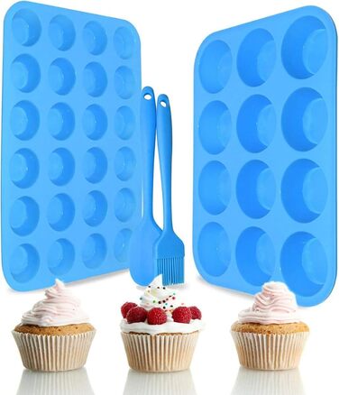 2 Pack Silicone Muffin Baking Mold Set - Regular 12 Cups + 24 Cups Cupcake Mold BPA Free, Non-Stick, Heat-Resistant, Food-Grade Silicone Baking Molds with Bonus 1 Silicone Spatula & 1 Oil Brush blue