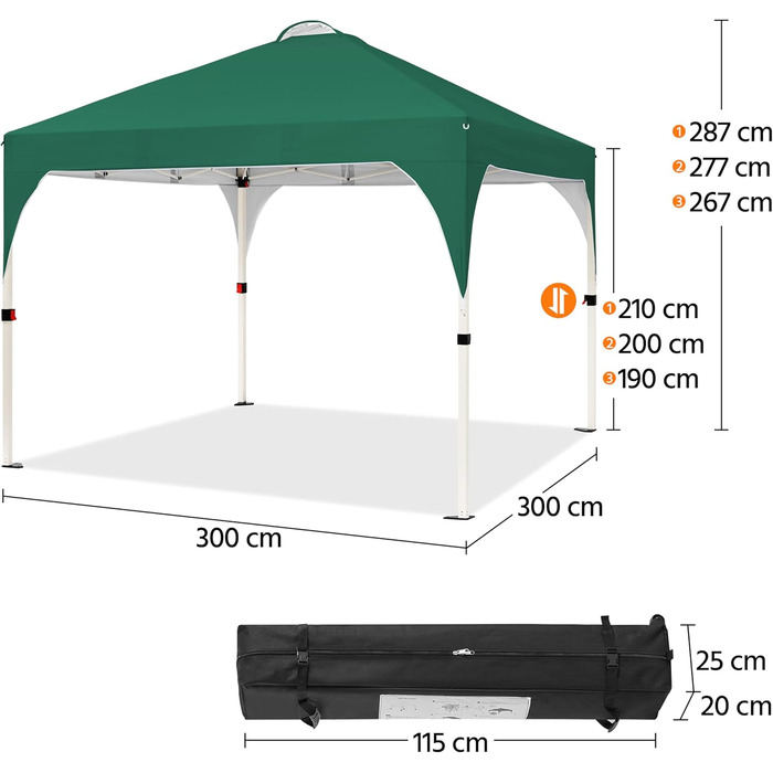 Yaheetech Folding Gazebo 2.4 x 2.4m Pop-Up Gazebo, Height Adjustable Garden Gazebo, Waterproof & Sun Protection Party Tent Garden Tent with Rolling Carry Bag for Outdoor Market Garden Yard, (Dark Green, 3x3m)