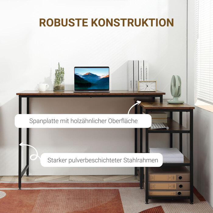 HOMCOM L-Shaped Corner Desk, PC Table with Shelf and Drawer, 135x90x79cm, Rustic Brown, Particleboard & Metal, for Office & Home Office