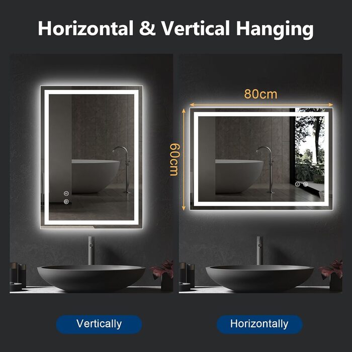 Дзеркало для ванної кімнати зі світлодіодним підсвічуванням 50x70 см, LED дзеркало з сенсорним вимикачем, дзеркало для ванної кімнати, настінне дзеркало для ванної кімнати, 80x60 см з 3-кольоровим регулюванням яскравості