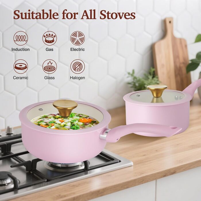 Набір посуду MELENTA 11 предметів з антипригарним покриттям, кераміка, індукційний, з кришкою, PFOA-free, рожевий HC3302-11PG