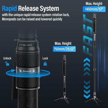 SIRUI SVM-145 Монопод з вуглецевого волокна з швидкою системою | 3-в-1 модульний монопод, 145 см, 10 кг вантажопідйомність | Швидке регулювання та заміна для DSLR та відео