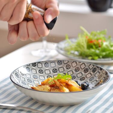 Набір тарілок Vancasso Haruka: 8 шт. (4 супові, 4 глибокі), кераміка, 700мл, діаметр 21 см (чорний + кремовий)