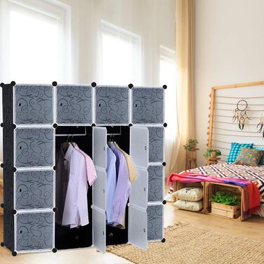 NAIZY Wardrobe Black DIY Plastic Shelf System Closet Organizer, Plug-in Shelf System with Door, Plastic Closet (16 Cubes, with 2 Clothes Rods)