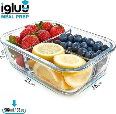 Набір контейнерів для їжі Igluu Meal Prep (3 шт.) – 980 мл, з 3 відділеннями, з боросилікатного скла, BPA-free, підходить для мікрохвильовки, духовки, морозильної камери та мийки посуду, витікання неможливе