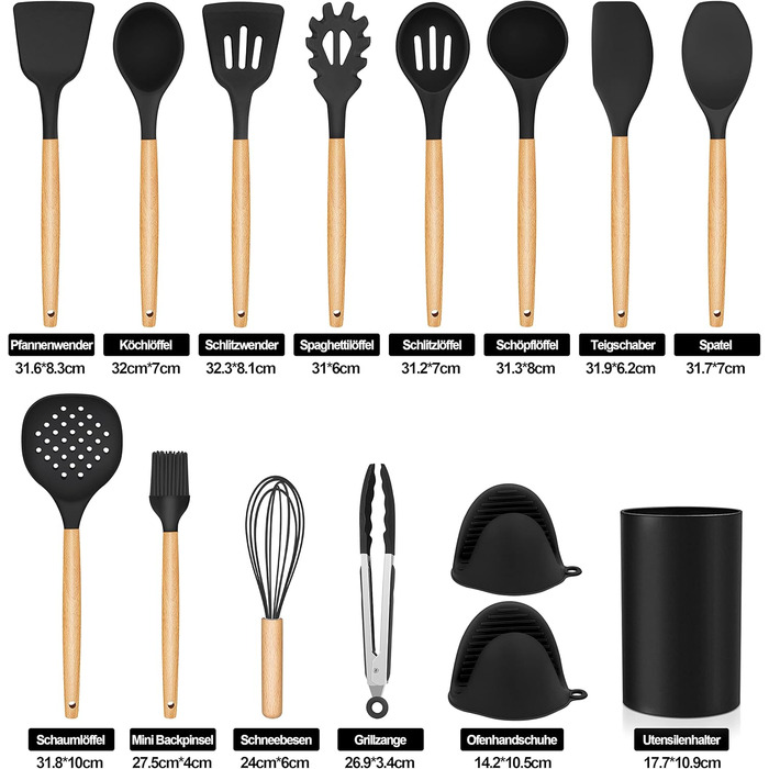 Набір кухонних аксесуарів Homikit 15 предметів з чорного силікону та дерев'яними ручками. Кухонний аксесуар, стійкий до високих температур, легко миється. З підставкою для аксесуарів.
