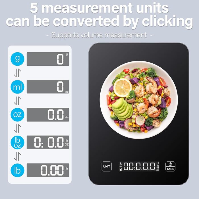 Кухонні ваги Sprifityy: цифрова вага з LCD дисплеєм та підключенням до додатку для аналізу харчової цінності та підрахунку калорій, 5 одиниць (точність 1г), чорний