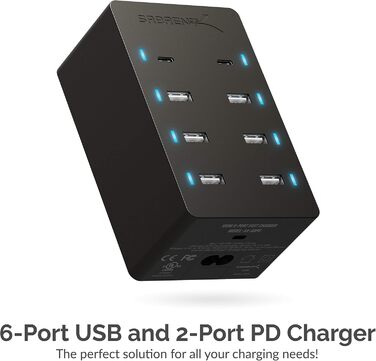 Зарядний пристрій Sabrent USB 60W 10 портів, станція швидкої зарядки з мережею для MacBook, USB-C ноутбуків, iPhone, Samsung Galaxy (AX-TPCS)