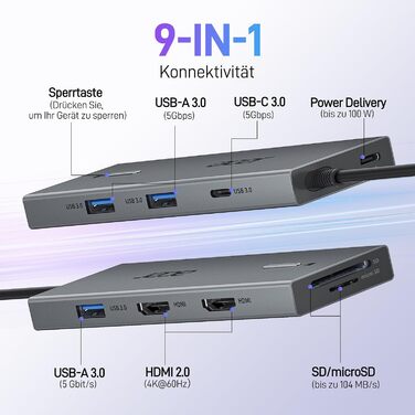 Док-станція Acer USB-C 9-в-1: Dual HDMI 4K@60Hz, 3xUSB-A, USB-C 5Gbps, 100W PD, SD/TF, для Dell, Chromebook, MacBook, Surface