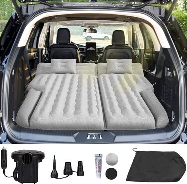 Automatic Inflatable Air Mattress for SUV - Flocked Surface, 2-Pillow Air Bed for Car Trunk, Travel, Camping & Home Use (Light Gray, 185x140x16 cm)
