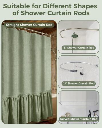 Штора для душу 180x180 см льон, зелена - водонепроникна, з антигрибковим покриттям, з утяжеленим краєм, з кільцями (1 шт)